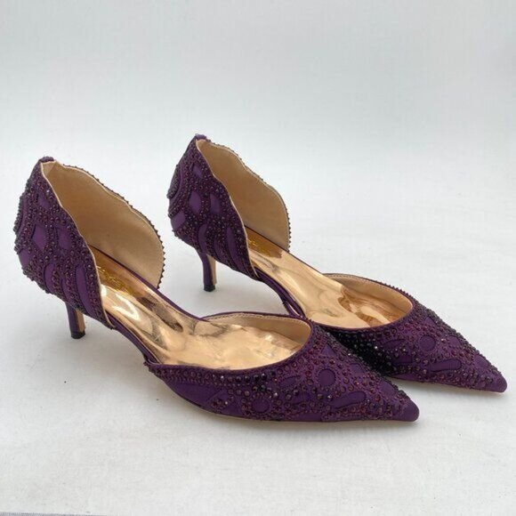 XYD Dark Purple Pointed Toe D'Orsay Kitten Low Heel Rhinestone Stud Wedding Pump - Picture 4 of 8